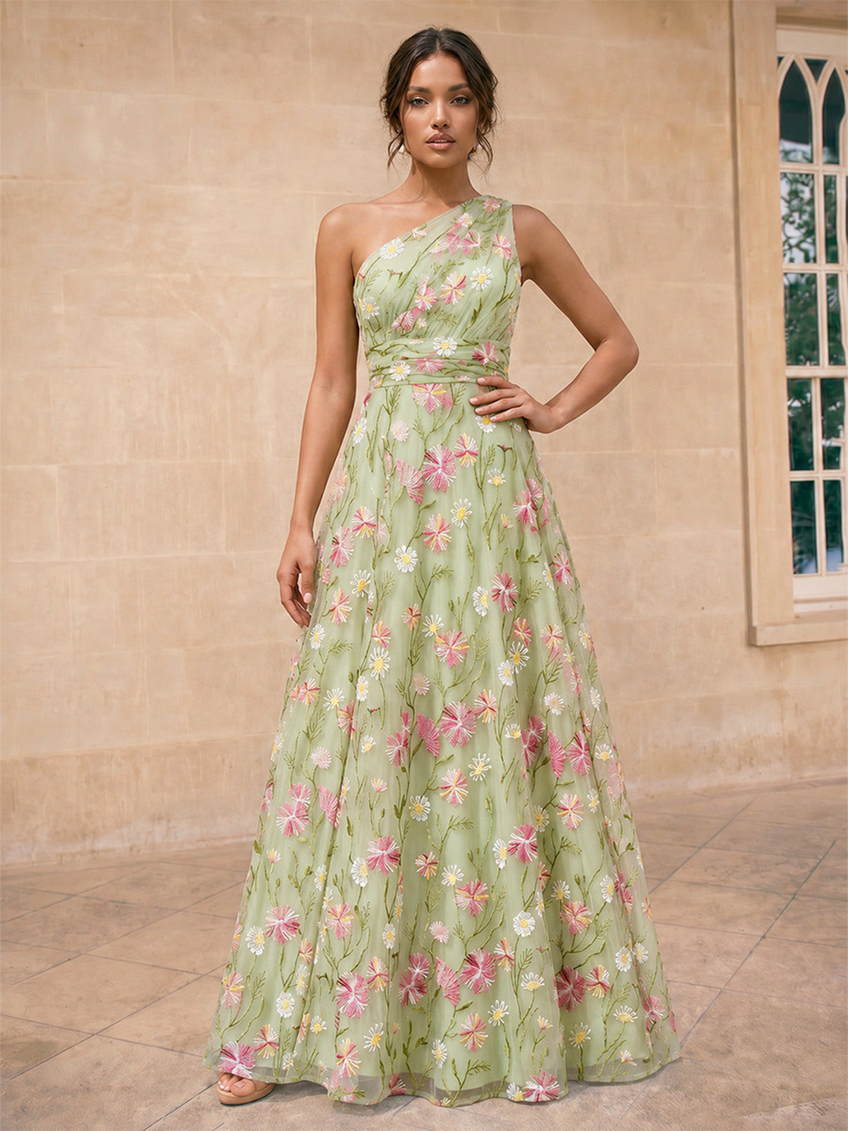 A-Line/Princess Evening Dresses Floral Appliques One-Shoulder Sleeveless Floor-Length Sash Zipper