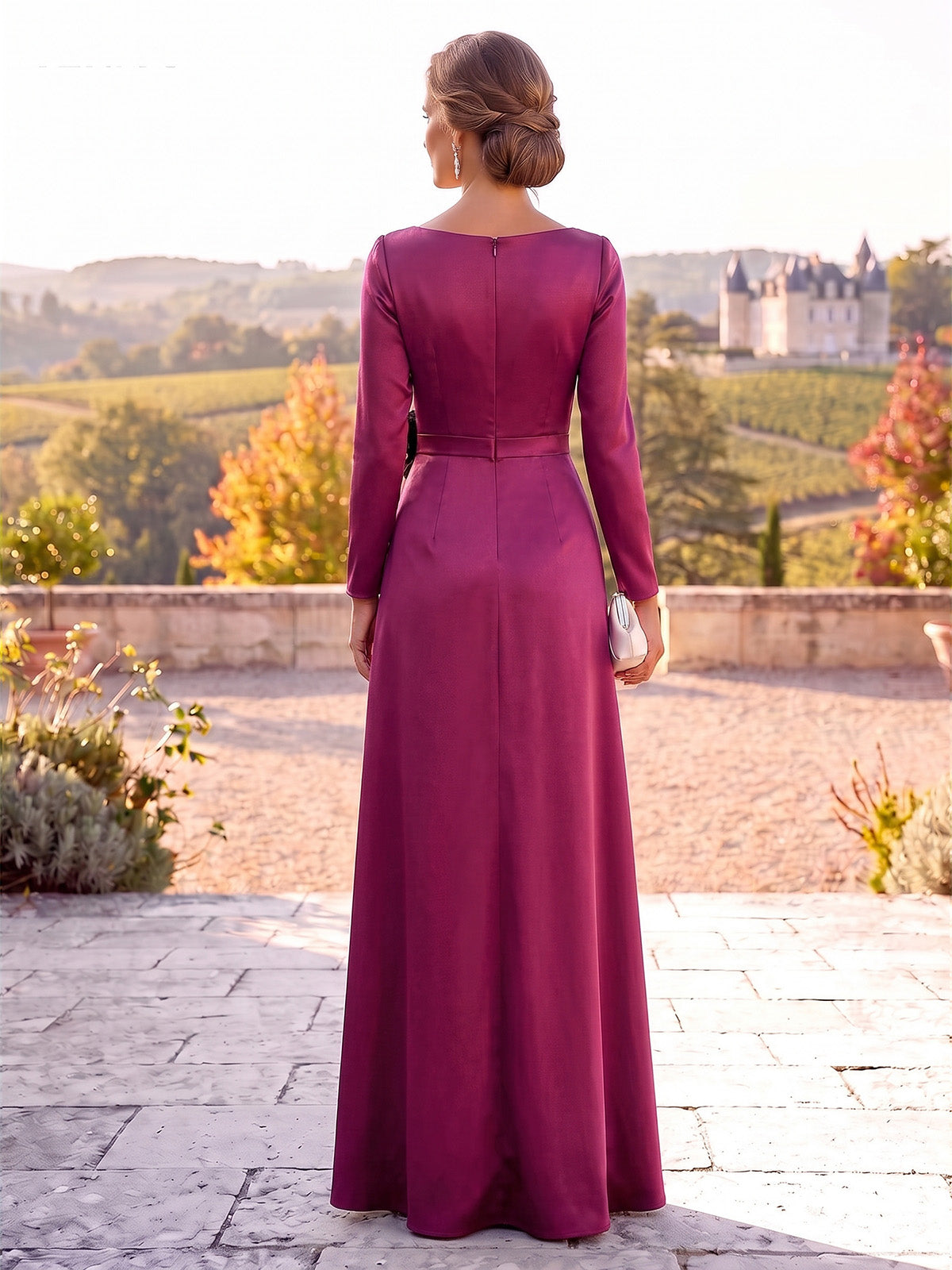 A-Line Mother Of The Bride Dresses Elegant Satin Floor-Length V-Neck 3/4 Sleeves Ruched Front Slit With 3D Flower Zipper Formal Dresses Wedding Guest