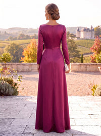 A-Line Mother Of The Bride Dresses Elegant Satin Floor-Length V-Neck 3/4 Sleeves Ruched Front Slit With 3D Flower Zipper Formal Dresses Wedding Guest