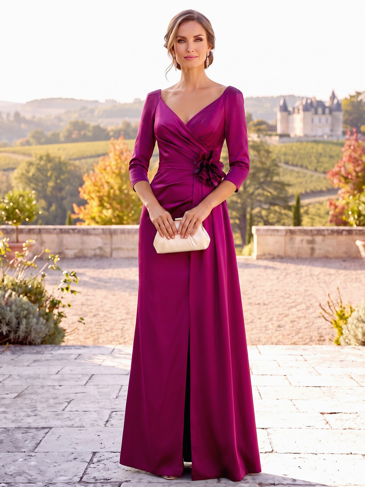 A-Line Mother Of The Bride Dresses Elegant Satin Floor-Length V-Neck 3/4 Sleeves Ruched Front Slit With 3D Flower Zipper Formal Dresses Wedding Guest