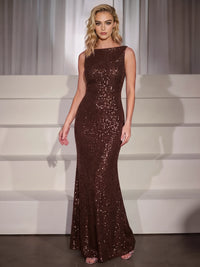 Sheath Sequin Evening Gown Formal Dress Glamorous Brown Boat Neck Wedding Floor Length Sleeveless Sequined Dress