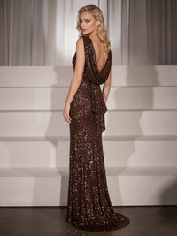 Sheath Sequin Evening Gown Formal Dress Glamorous Brown Boat Neck Wedding Floor Length Sleeveless Sequined Dress