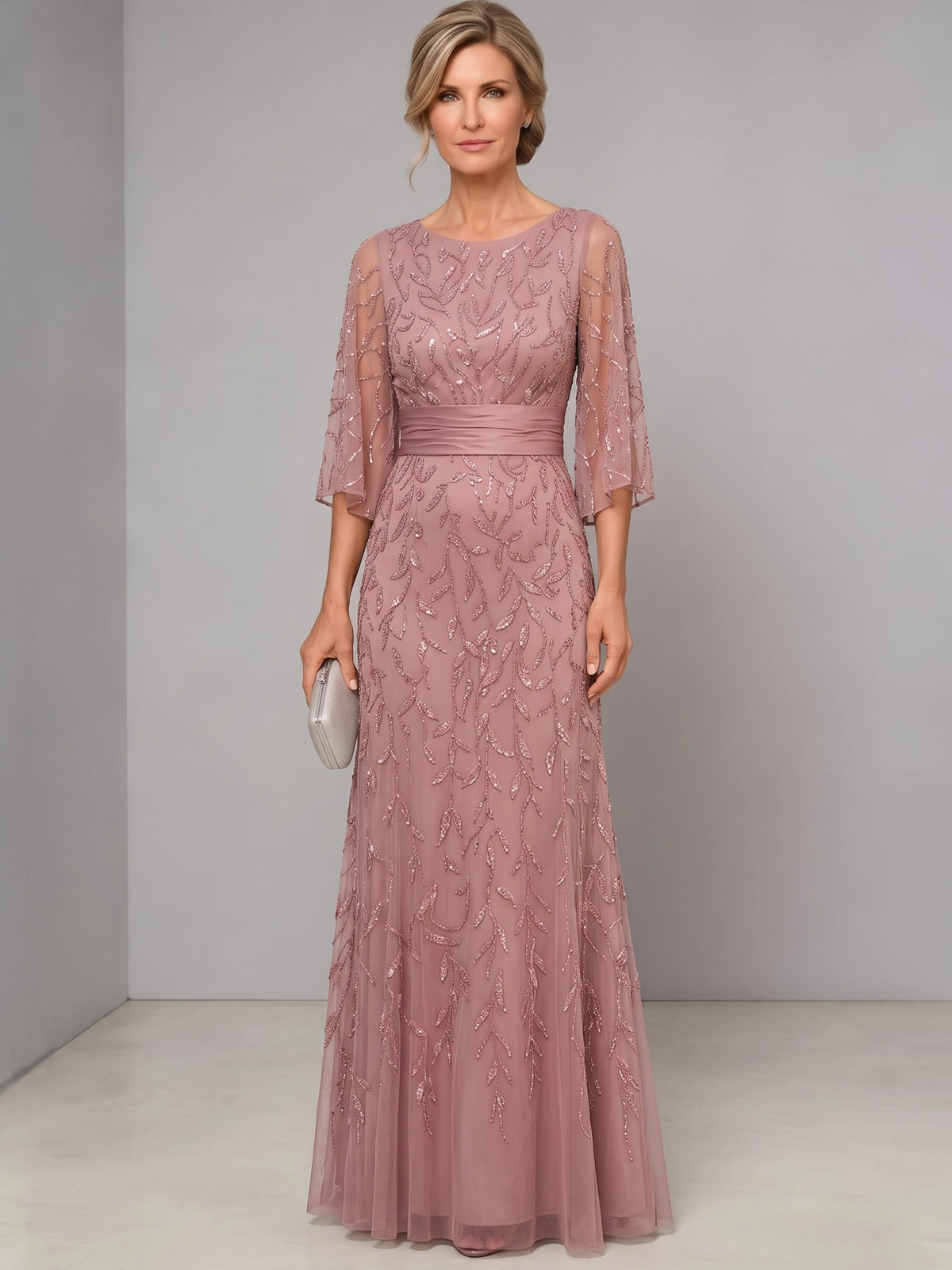 Sheath Mother Of The Bride Dresses Elegant Chiffon Sequins Floral Dress Dusty Rose Floor Length Runched 3/4 Long Sleeves Formal Wedding Guest Dresses