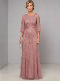 Sheath Mother Of The Bride Dresses Elegant Chiffon Sequins Floral Dress Dusty Rose Floor Length Runched 3/4 Long Sleeves Formal Wedding Guest Dresses