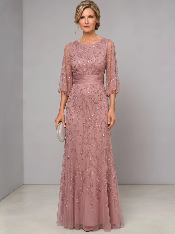 Sheath Mother Of The Bride Dresses Elegant Chiffon Sequins Floral Dress Dusty Rose Floor Length Runched 3/4 Long Sleeves Formal Wedding Guest Dresses