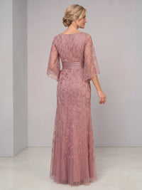 Sheath Mother Of The Bride Dresses Elegant Chiffon Sequins Floral Dress Dusty Rose Floor Length Runched 3/4 Long Sleeves Formal Wedding Guest Dresses