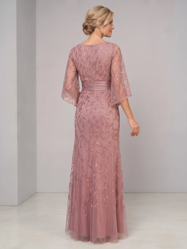 Sheath Mother Of The Bride Dresses Elegant Chiffon Sequins Floral Dress Dusty Rose Floor Length Runched 3/4 Long Sleeves Formal Wedding Guest Dresses
