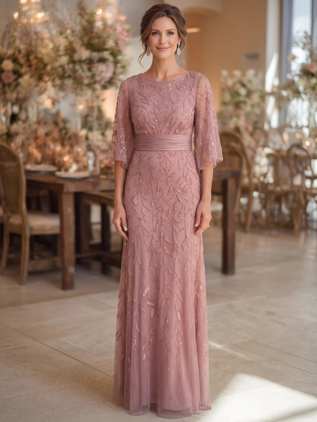 Sheath Mother Of The Bride Dresses Elegant Chiffon Sequins Floral Dress Dusty Rose Floor Length Runched 3/4 Long Sleeves Formal Wedding Guest Dresses