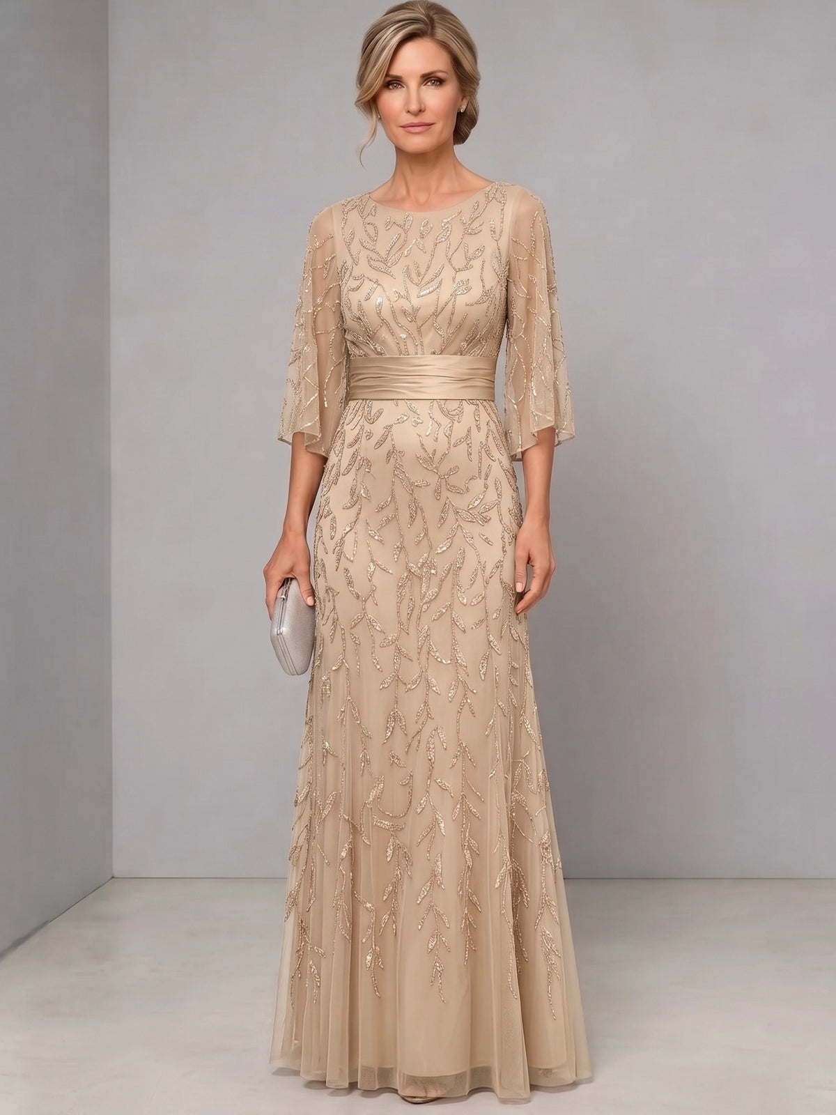 Sheath Mother Of The Bride Dresses Elegant Chiffon Sequins Floral Dress Dusty Rose Floor Length Runched 3/4 Long Sleeves Formal Wedding Guest Dresses