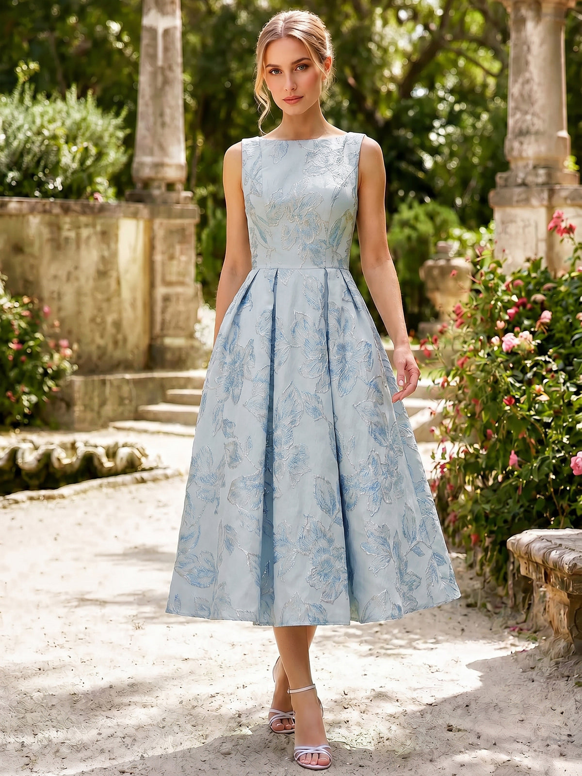 Nafori Blue A-Line/Princess Boat Neck Cocktail Dress Sleeveless Tea-Length Party Wedding guest Semi-Formal Dresses With Floral Jacquard & Pockets 2026