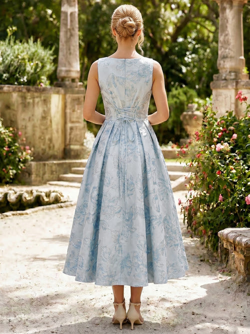 A-Line/Princess Boat Neck Cocktail Dress Sleeveless Tea-Length Party Wedding guest Semi-Formal Dresses With Floral Jacquard & Pockets