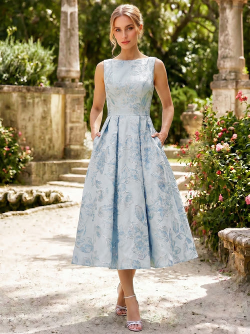 A-Line/Princess Boat Neck Cocktail Dress Sleeveless Tea-Length Party Wedding guest Semi-Formal Dresses With Floral Jacquard & Pockets