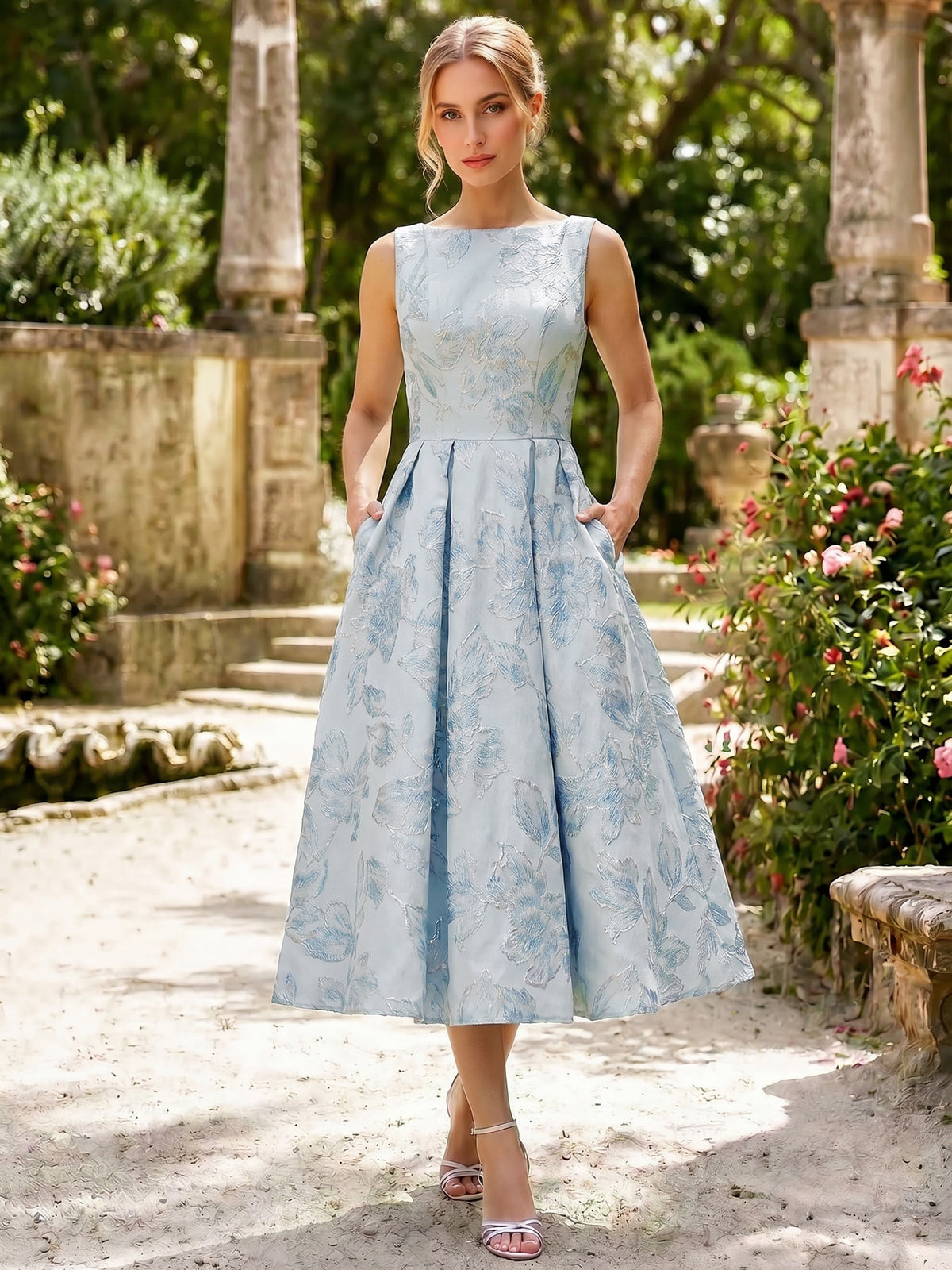 Nafori Blue A-Line/Princess Boat Neck Cocktail Dress Sleeveless Tea-Length Party Wedding guest Semi-Formal Dresses With Floral Jacquard & Pockets 2026