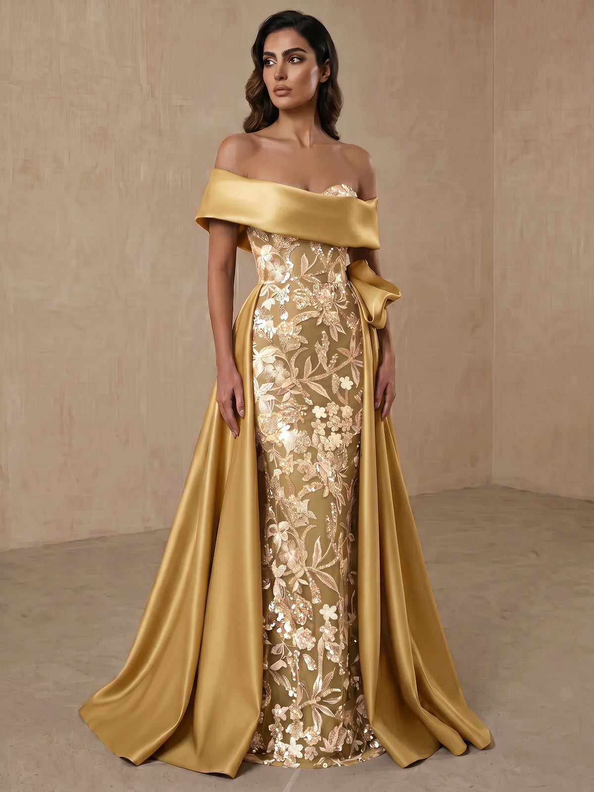 Sheath/Column Evening Dresses Satin Floor-Length Off-The-Shoulder Sleeveless Sequins Elegant Dress With Overskirt Wedding Guest