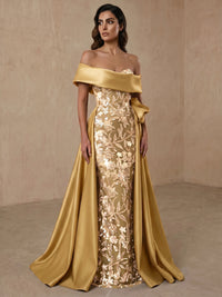 Sheath/Column Evening Dresses Satin Floor-Length Off-The-Shoulder Sleeveless Sequins Elegant Dress With Overskirt Wedding Guest