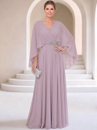 Mermaid Mother Of The Bride Dresses Elegant Chiffon Floor-Length Cape Sleeves V-Neck Sash Pleated Wedding Guest