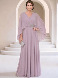 Mermaid Mother Of The Bride Dresses Elegant Chiffon Floor-Length Cape Sleeves V-Neck Sash Pleated Wedding Guest
