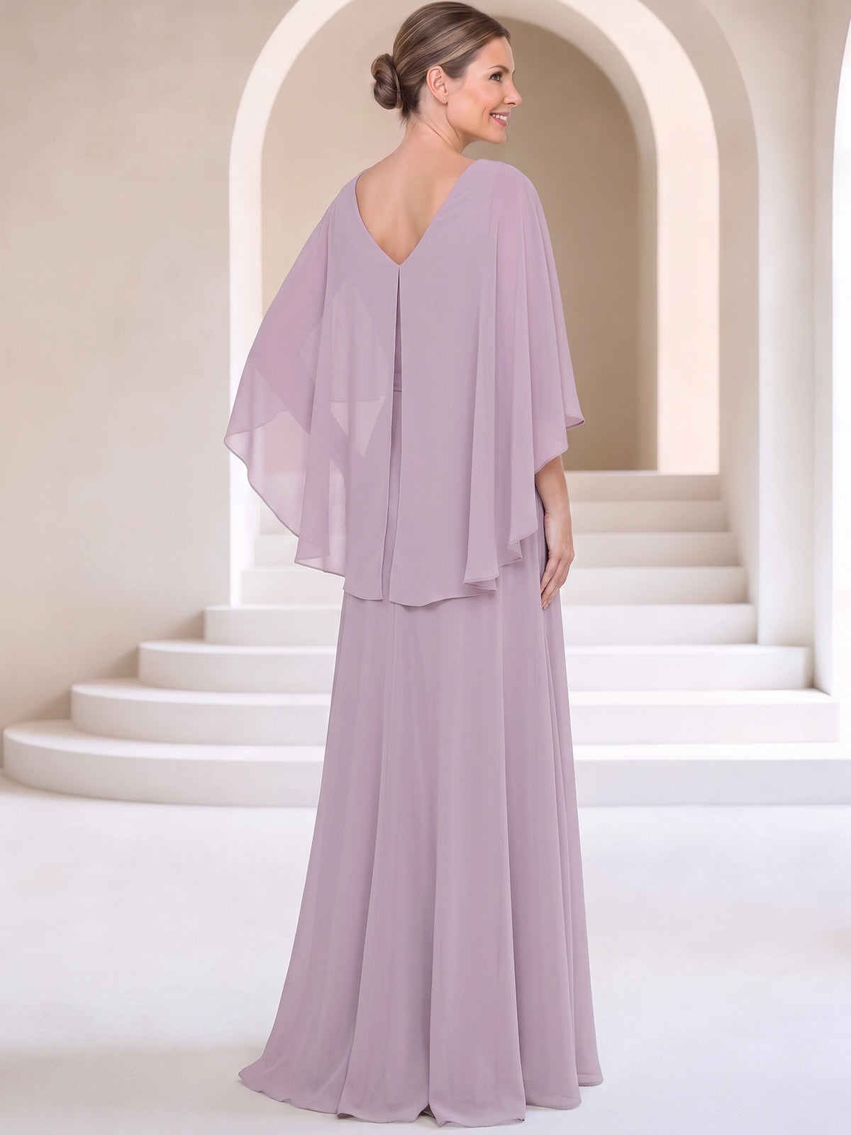 Mermaid Mother Of The Bride Dresses Elegant Chiffon Floor-Length Cape Sleeves V-Neck Sash Pleated Wedding Guest