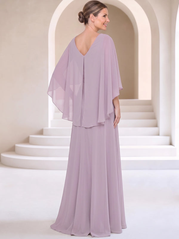 Mermaid Mother Of The Bride Dresses Elegant Chiffon Floor-Length Cape Sleeves V-Neck Sash Pleated Wedding Guest