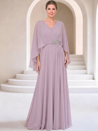 Mermaid Mother Of The Bride Dresses Elegant Chiffon Floor-Length Cape Sleeves V-Neck Sash Pleated Wedding Guest