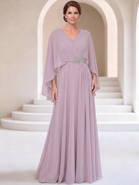 Mermaid Mother Of The Bride Dresses Elegant Chiffon Floor-Length Cape Sleeves V-Neck Sash Pleated Wedding Guest