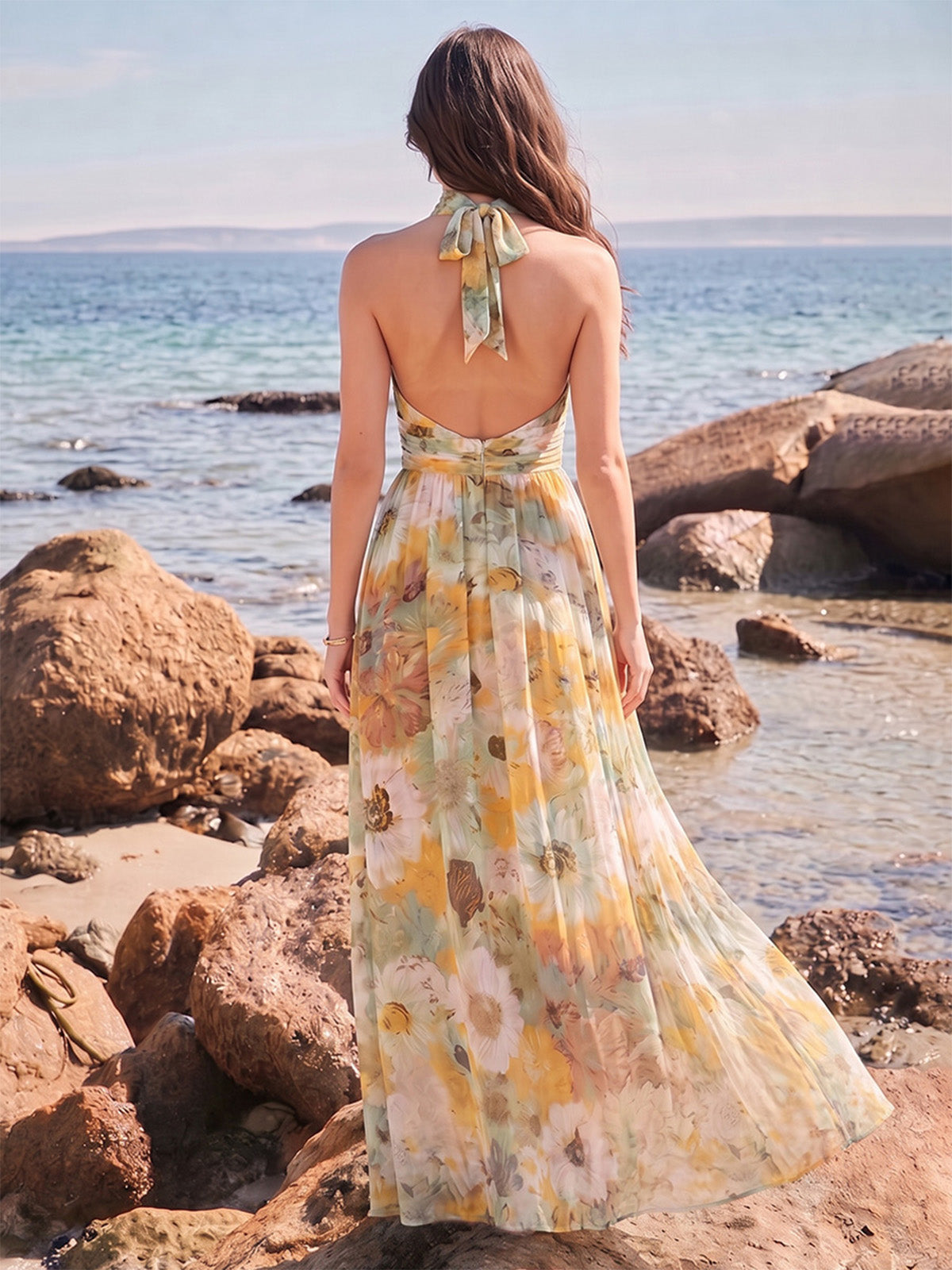 A-Line/Princess Evening Dresses Printed Chiffon Halter Sleeveless Floor-length Pleated Backless With Bowknot Zipper