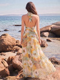 A-Line/Princess Evening Dresses Printed Chiffon Halter Sleeveless Floor-length Pleated Backless With Bowknot Zipper