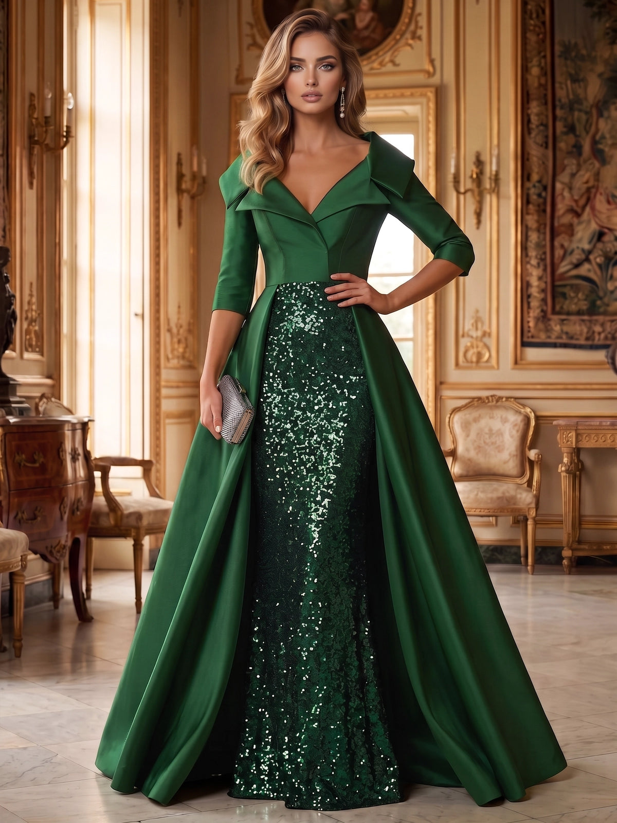 Sequin Mermaid / Trumpet Evening Gown Elegant Formal Dress Wedding Floor Length Long Sleeves With Overskirt