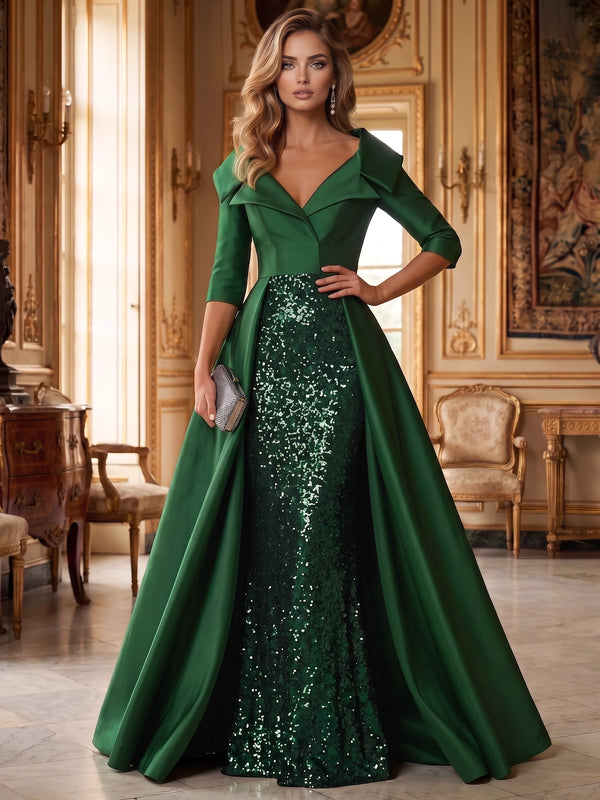 Sequin Mermaid / Trumpet Evening Gown Elegant Formal Dress Wedding Floor Length Long Sleeves With Overskirt