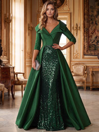 Sequin Mermaid / Trumpet Evening Gown Elegant Formal Dress Wedding Floor Length Long Sleeves Mother Of The Bride Dresses With Overskirt