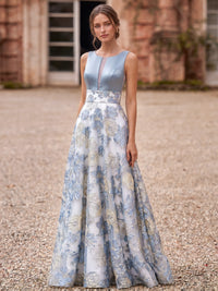 A-Line/Princess Tulle Dresses Formal Evening Floor-Length Elegant Scoop Blue With Floral Embroidery&Sheer Panel