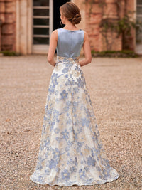 A-Line/Princess Tulle Dresses Formal Evening Floor-Length Elegant Scoop Blue With Floral Embroidery&Sheer Panel