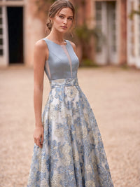 A-Line/Princess Tulle Dresses Formal Evening Floor-Length Elegant Scoop Blue With Floral Embroidery&Sheer Panel