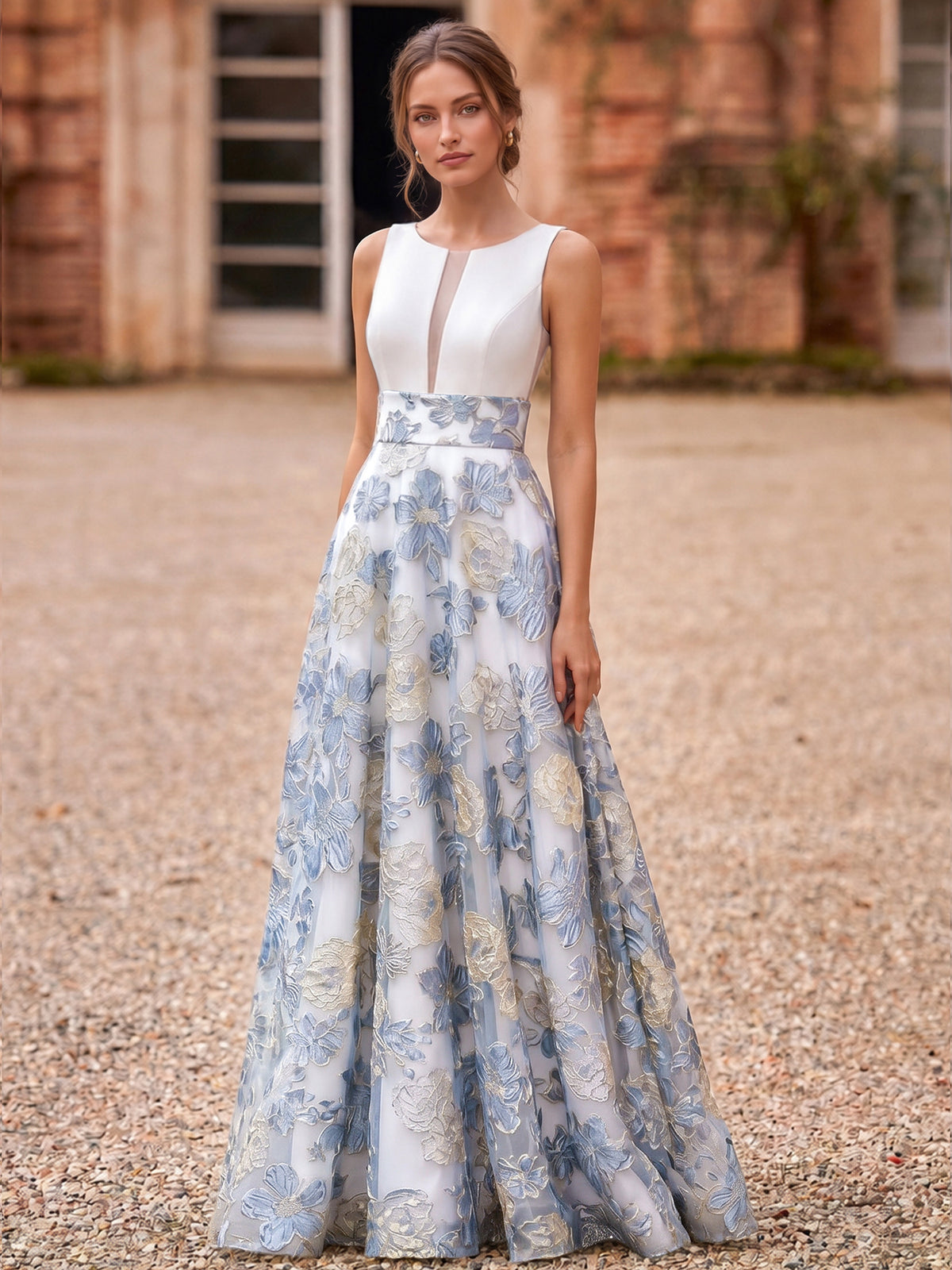 A-Line/Princess Tulle Dresses Formal Evening Floor-Length Elegant Scoop Blue With Floral Embroidery&Sheer Panel