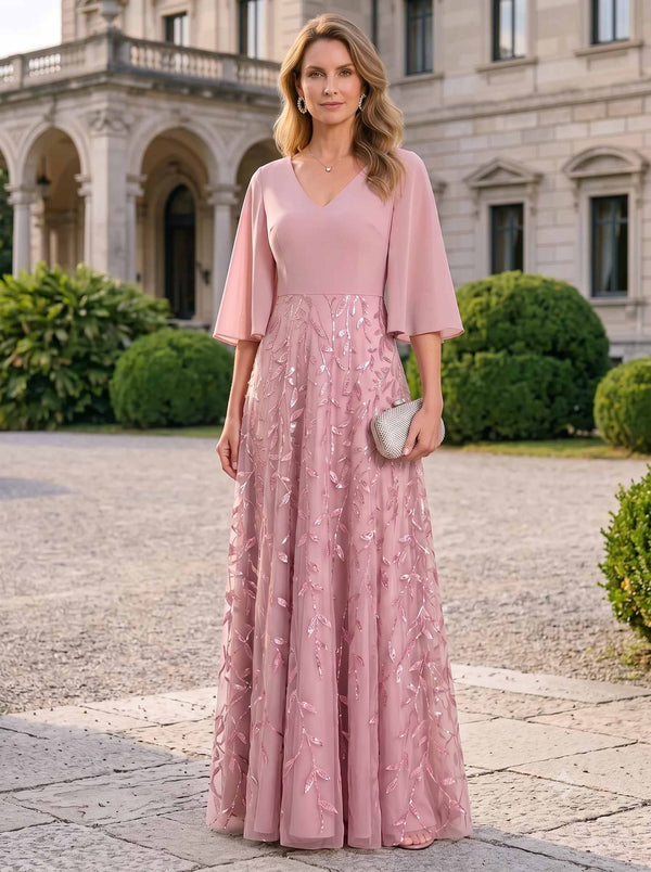 A-Line Mother Of The Bride Dresses Chiffon Sequins Formal Dress V-Neck 1/2 Sleeves Floor-Length Wedding Guest