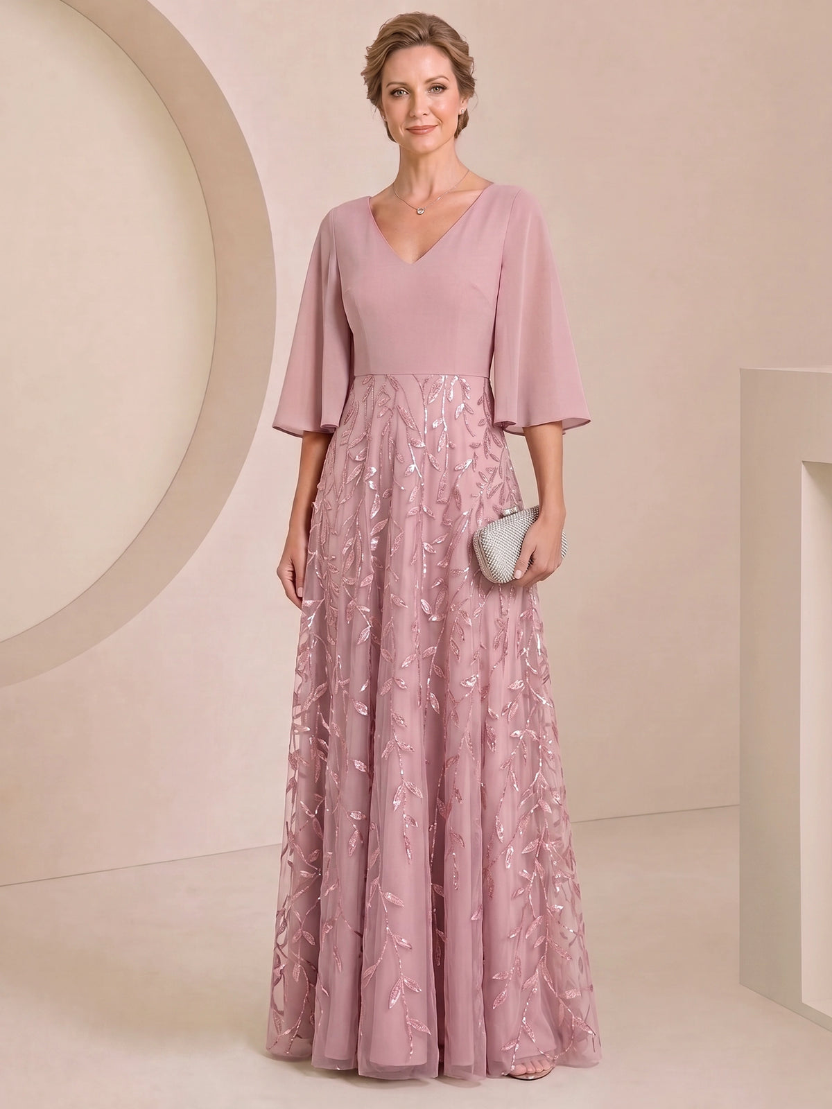 A-Line Mother Of The Bride Dresses Chiffon Sequins Formal Dress V-Neck 1/2 Sleeves Floor-Length Wedding Guest