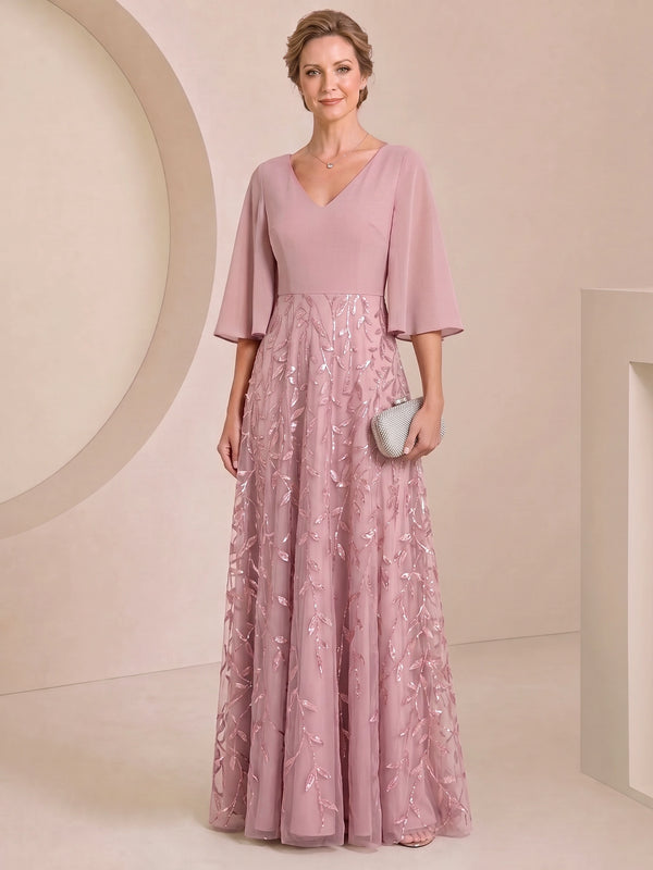 A-Line Mother Of The Bride Dresses Chiffon Sequins Formal Dress V-Neck 1/2 Sleeves Floor-Length Wedding Guest