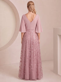 A-Line Mother Of The Bride Dresses Chiffon Sequins Formal Dress V-Neck 1/2 Sleeves Floor-Length Wedding Guest