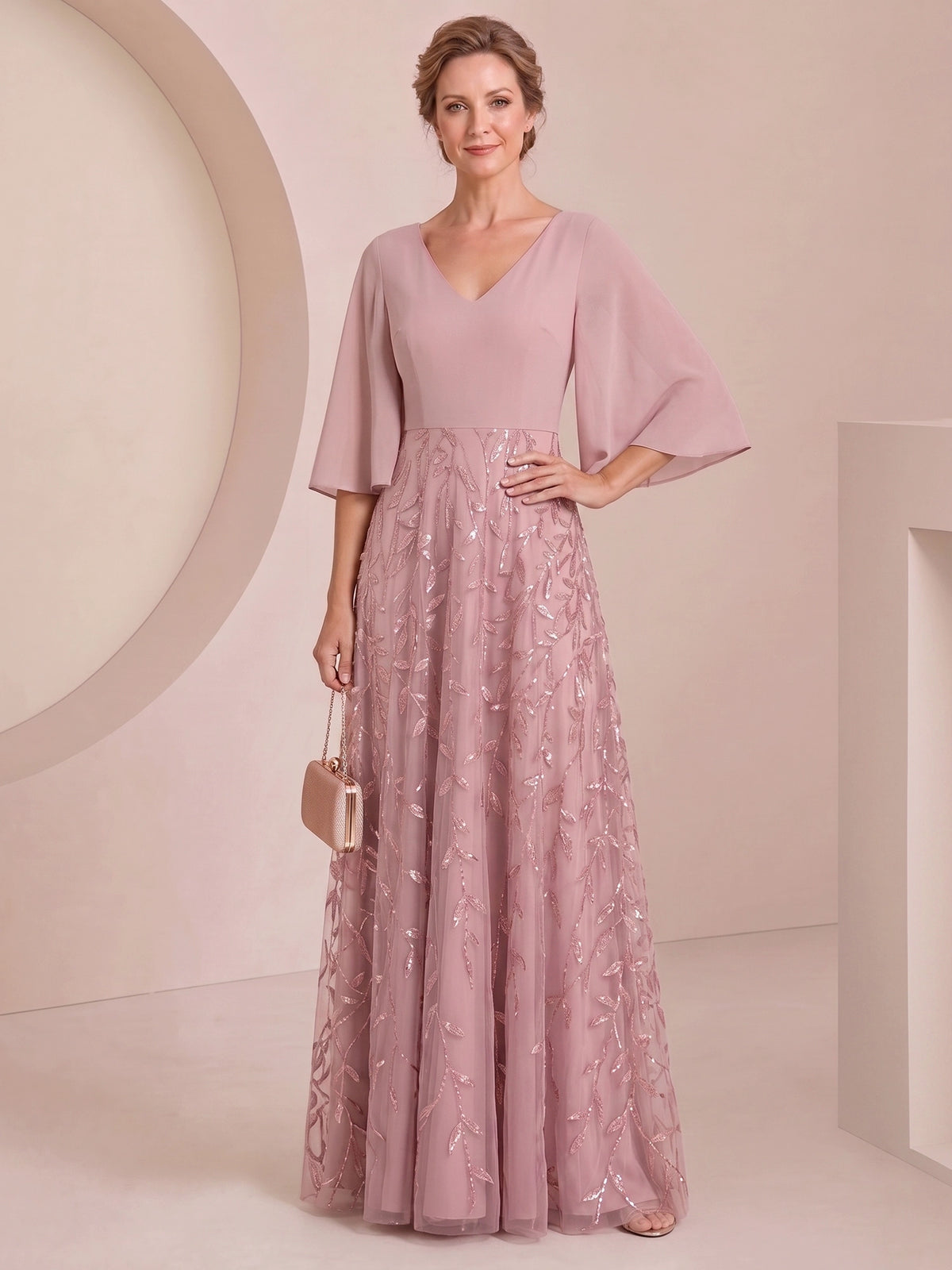 Nafori Pink A-Line Mother Of The Bride Dresses Chiffon Sequins Formal Dress V-Neck 1/2 Sleeves Floor-Length Wedding Guest 2026