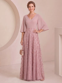 A-Line Mother Of The Bride Dresses Chiffon Sequins Formal Dress V-Neck 1/2 Sleeves Floor-Length Wedding Guest