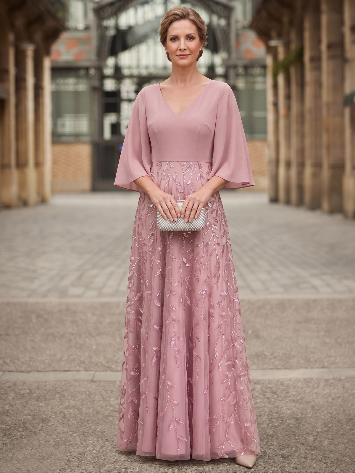 A-Line Mother Of The Bride Dresses Chiffon Sequins Formal Dress V-Neck 1/2 Sleeves Floor-Length Wedding Guest