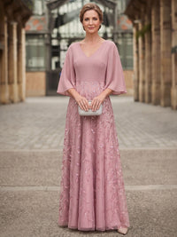 A-Line Mother Of The Bride Dresses Chiffon Sequins Formal Dress V-Neck 1/2 Sleeves Floor-Length Wedding Guest