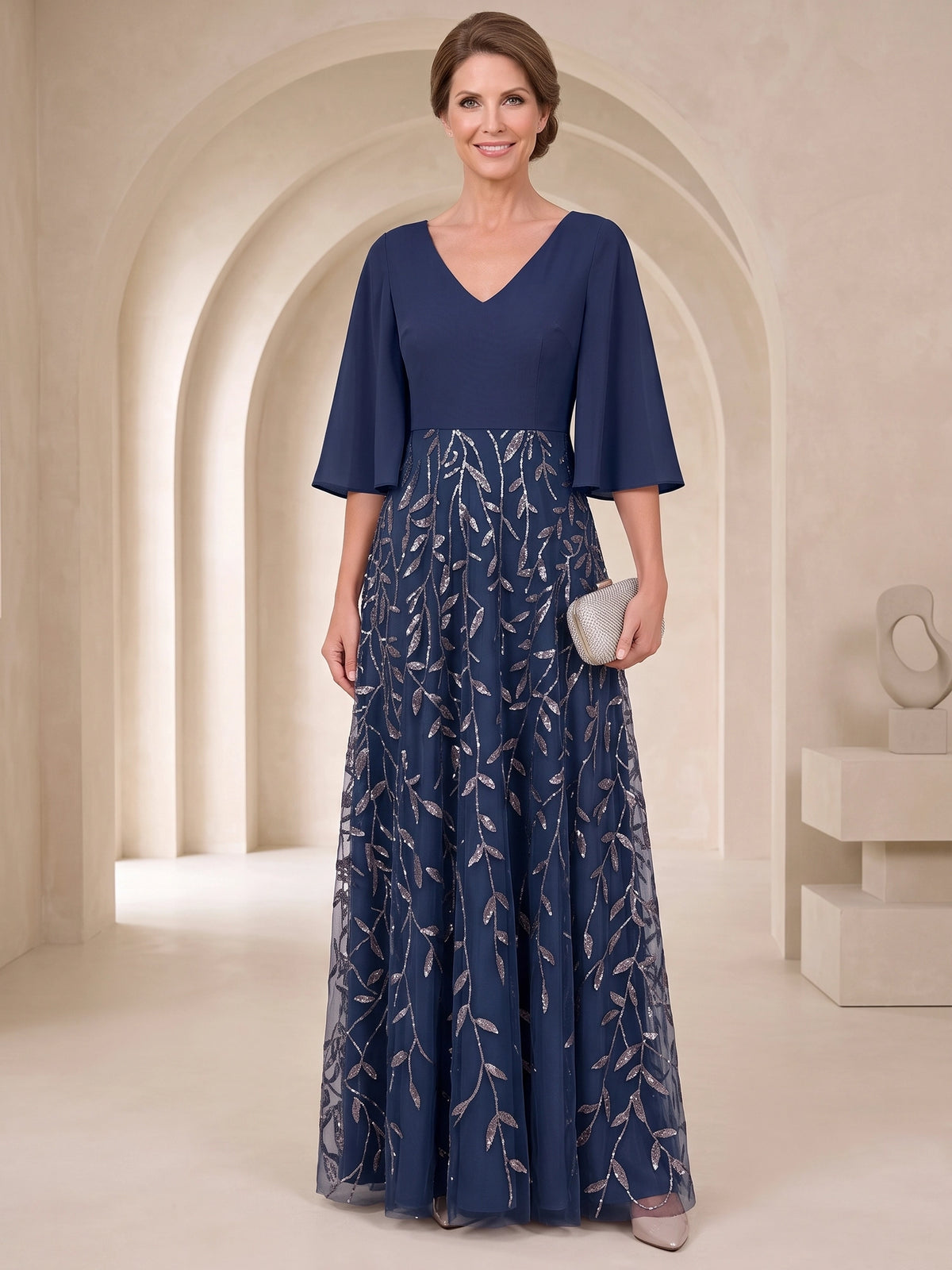 A-Line Mother Of The Bride Dresses Chiffon Sequins Formal Dress V-Neck 1/2 Sleeves Floor-Length Wedding Guest