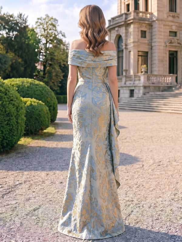 Sheath Mother Of The Bride Dress Elegant Off The Shoulder Formal Gown Wedding Guest Floor Length Sleeveless Jacquard Dresses With Ruffles