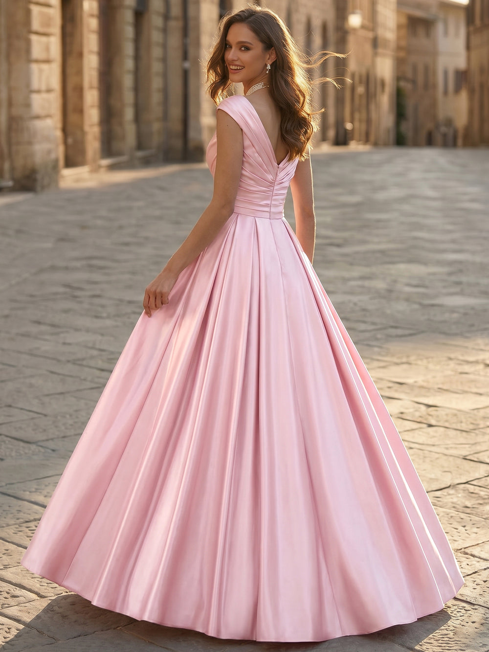 A-Line Satin Evening Dresses V-Neck Sleeveless Floor-Length With Pockets&Ruched
