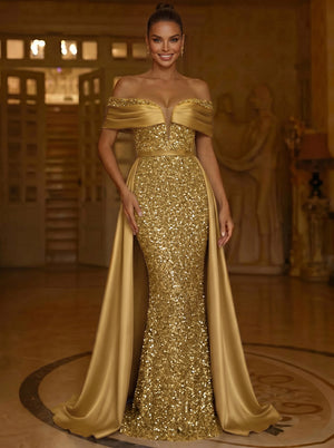 Sequin Mermaid/Trumpet Evening Dresses Elegant Formal Dress Floor-Length Sleeveless Off-The-Shoulder With Overskirt Ruched Wedding Guest