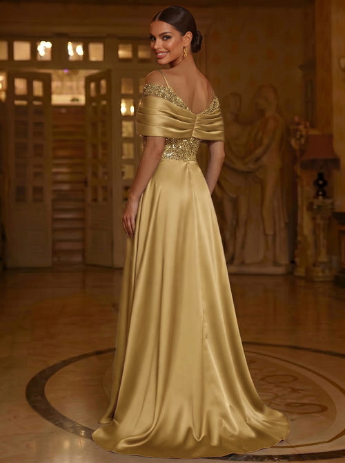 Sequin Mermaid/Trumpet Evening Dresses Elegant Formal Dress Floor-Length Sleeveless Off-The-Shoulder With Overskirt Ruched Wedding Guest