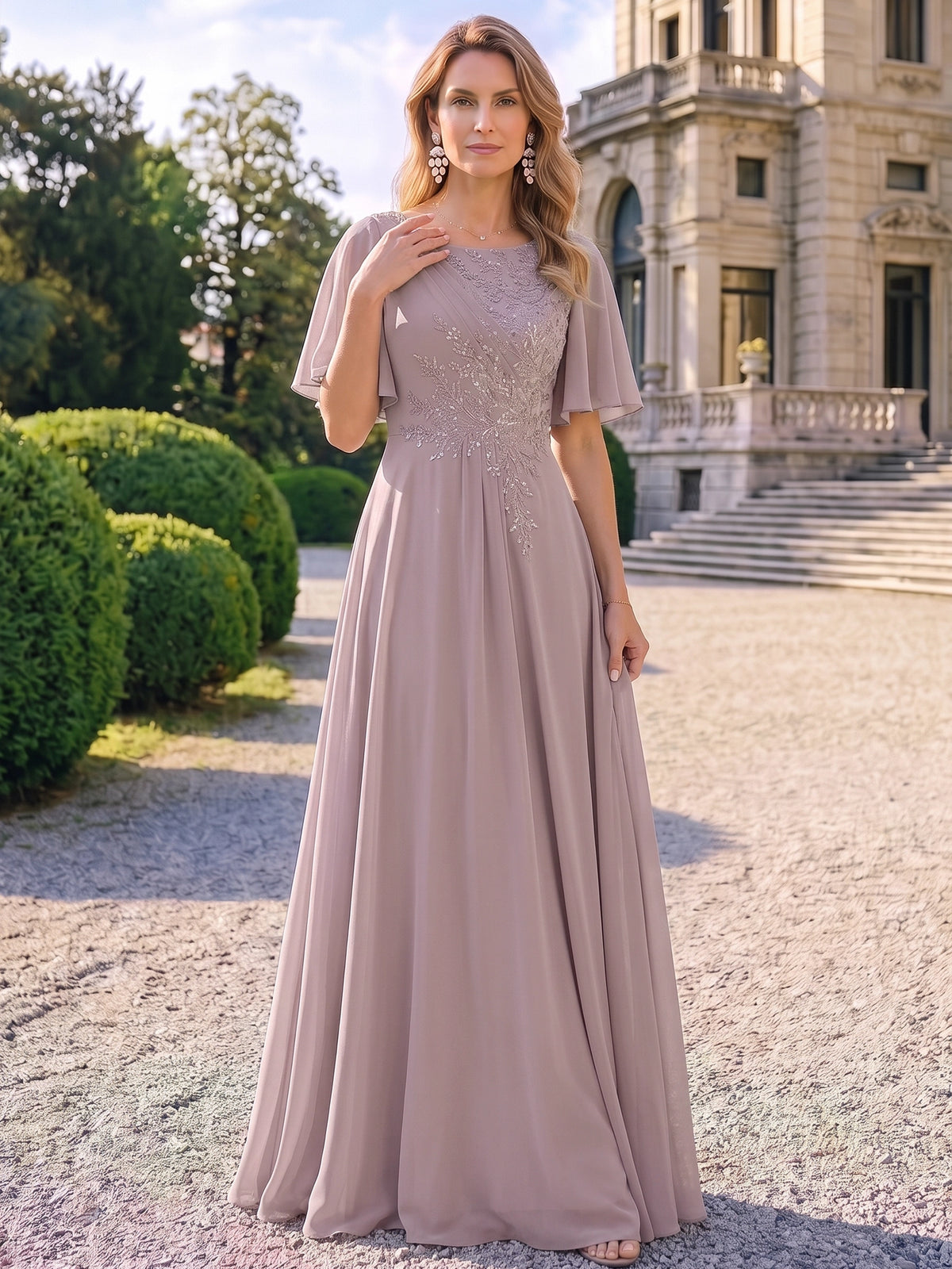 Nafori Dusk A-Line Mother Of The Bride Dresses Chiffon Embroidery Formal Dress Bateau Neck 1/2 Sleeves Floor-Length Zipper Wedding Guest 2026
