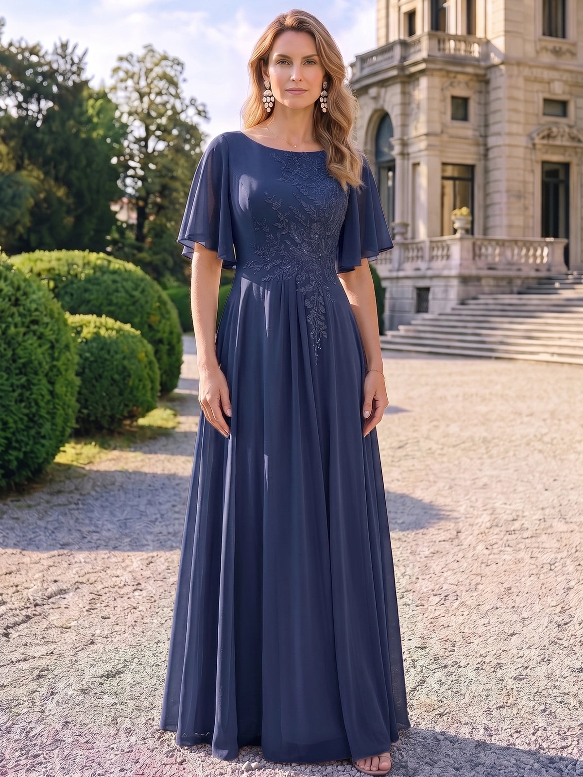 A-Line Mother Of The Bride Dresses Chiffon Embroidery Formal Dress Bateau Neck 1/2 Sleeves Floor-Length Zipper Wedding Guest