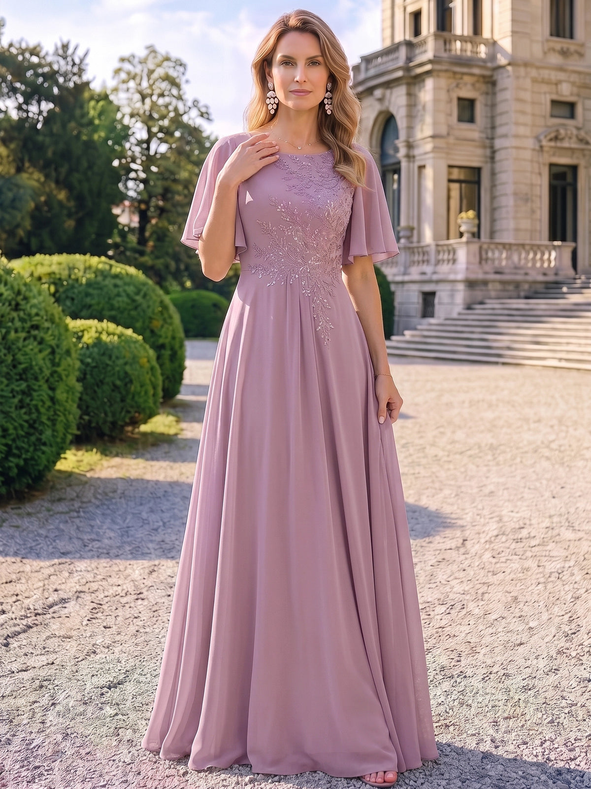 A-Line Mother Of The Bride Dresses Chiffon Embroidery Formal Dress Bateau Neck 1/2 Sleeves Floor-Length Zipper Wedding Guest